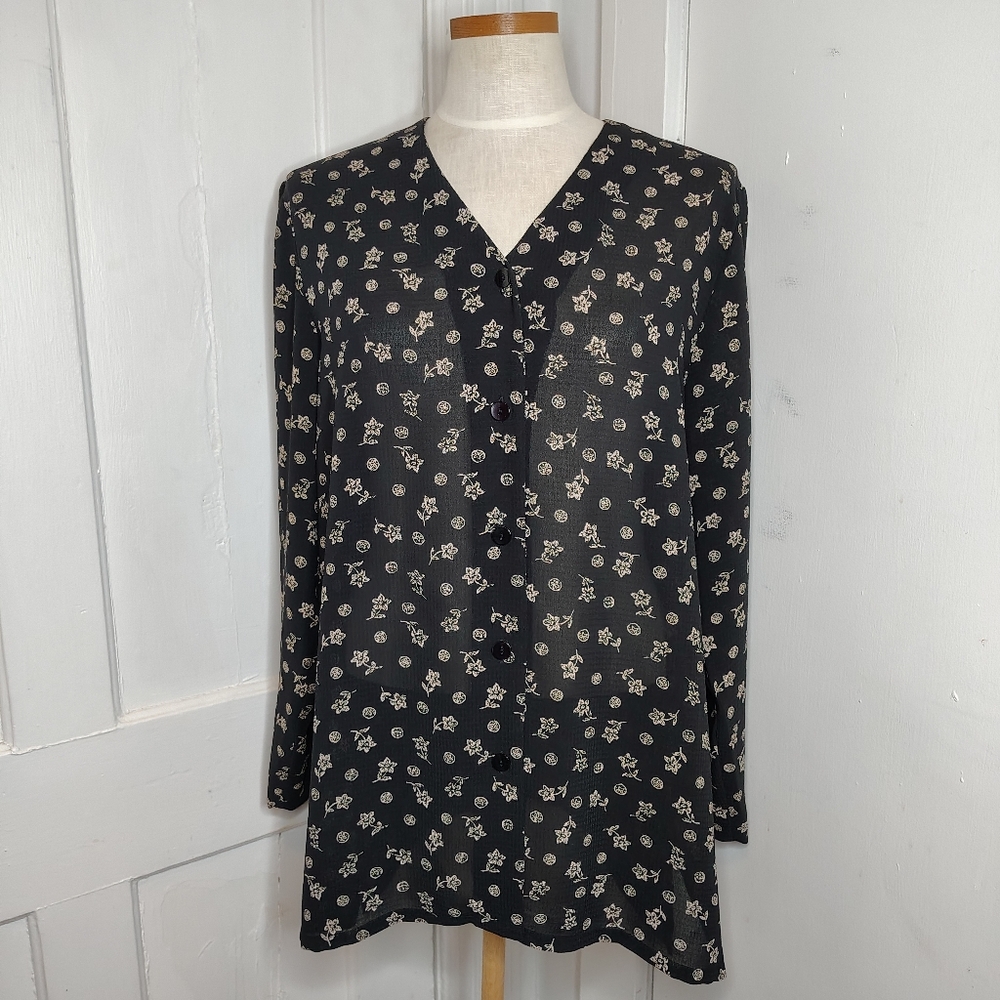 Vintage 1990s Pendleton V-Neck Floral Button Down Blouse Women's Size 12 Medium